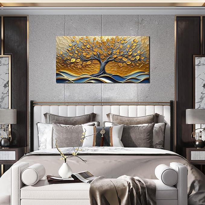 CANEITO Tree Wall Art for Living Room, Gold Wall-Decor for Bedroom, Modern Landscape Poster Canvas Print, Size 40x20 Inches