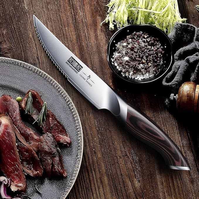 Steak Knives Set of 6, Ultra Sharp 4.5 Inch Serrated Steak Knife Set, Japanese High Carbon Steel Kitchen Steak Knives with Ergonomic Handle