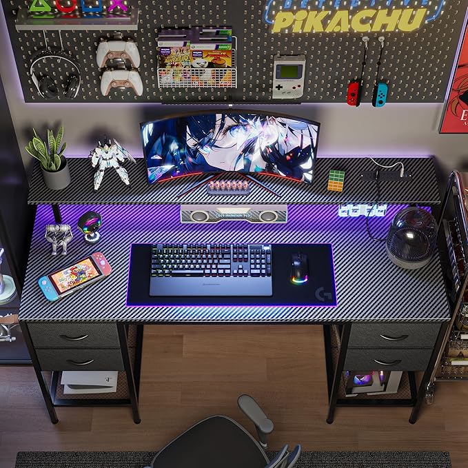 Huuger 47 inch Computer Desk with 4 Drawers, Gaming Desk with LED Lights & Power Outlets, Home Office Desk with Large Storage Space for Bedroom, Work from Home, Carbon Fibre Black