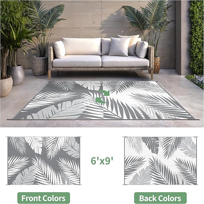Outdoor Rug 6’x9’ Waterproof for Patio Clearance, Reversible Indoor Outdoor Plastic Straw Camping Rug Carpet, RV Mat, Large Area Rug for Deck, Backyard, Balcony, Porch, Beach, Grey & White