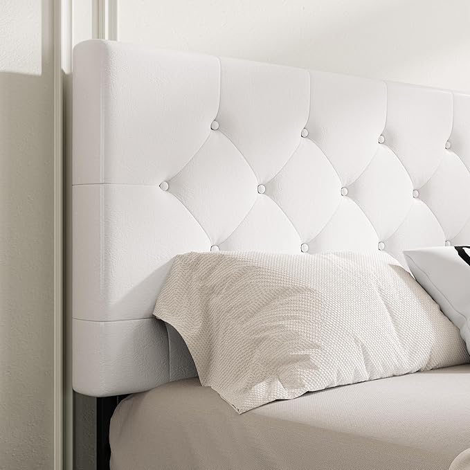 MUTICOR King Size Bed Frame with 4 Storage Drawers, Upholstered Platform Bed with Button Tufted Adjustable Headboard, No Box Spring Needed, Easy Assembly, Diamond Tufted, White Leather
