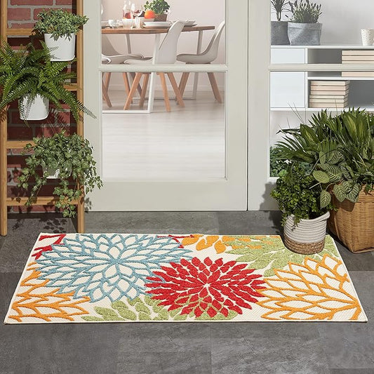 Nourison Aloha Indoor/Outdoor Green 3' x 5' Area Rug, Tropical, Botanical, Easy Cleaning, Non Shedding, Bed Room, Living Room, Dining Room, Deck, Backyard, Patio (3x5)