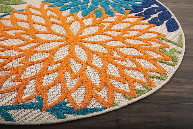 Nourison Home Aloha Indoor/Outdoor Multicolor 4' x Round Area Rug, Tropical, Botanical, Easy Cleaning, Non Shedding, Bed Room, Living Room, Dining Room, Deck, Backyard, Patio (4 Round)