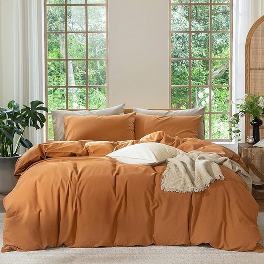 MooMee Bedding Duvet Cover Set 100% Washed Cotton Linen Like Textured Breathable Durable Soft Comfy (Solid Burnt Orange, Oversized Queen 98"x98")