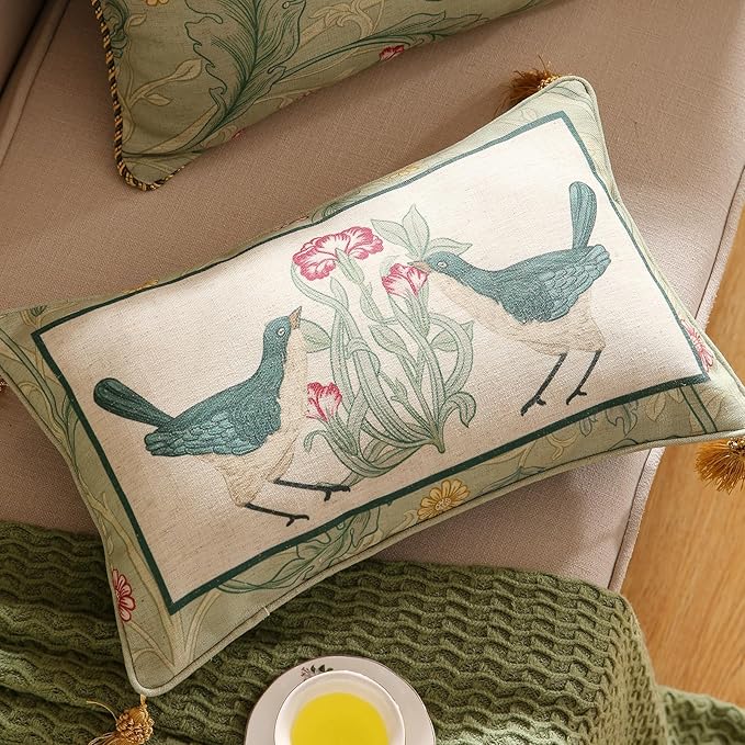 patdrea Designer Pack of 2 Rectangle Throw Pillow Covers,French Vintage Rustic Linen with Green Floral Pattern Pillows Cover,Decorative Lumbar Pillowcases Cushion for Bed Living Room,12"x20"