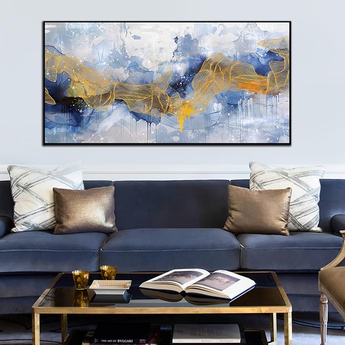 Modern Living Room Wall Art - Blue Canvas Wall Art Abstract -Large Framed Wall Art Ready to Hang Size 29" x 59"