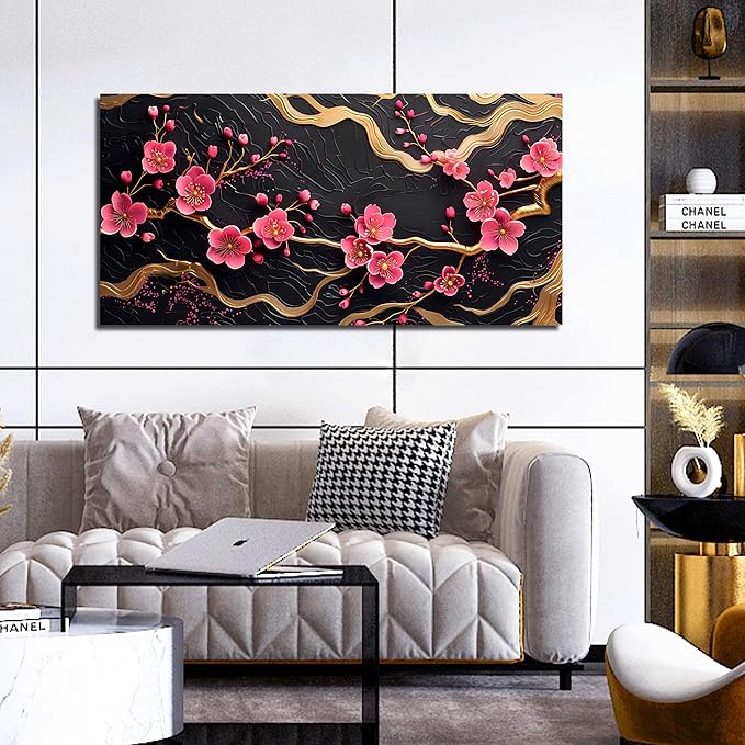 CANEITO Flower Wall Art for Bedroom, Plum Blossom Tree Canvas Wall Decor for Living Room, Red Black and Gold Picture Print Artwork for Office, Size 40 x 20 Inches
