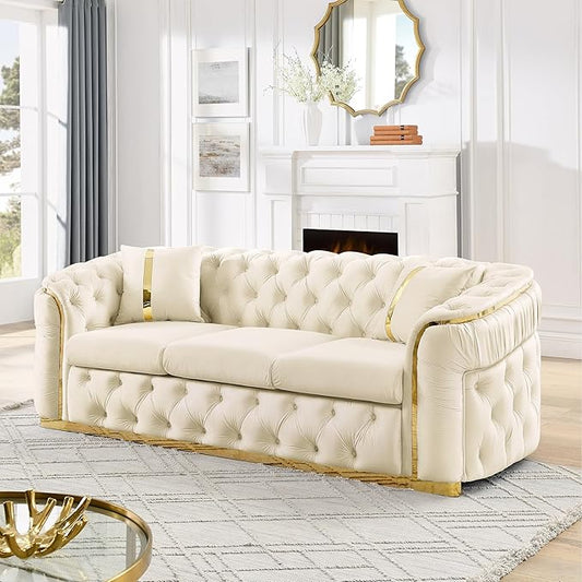 KEIKI 91" Luxury Oversized Velvet Chesterfield Sofa with Gold Stainless Steel Accents and 2 Pillows, Mid-Century Style 3-Seater Button Tufted Couch, Easy Assembly, for Apartment, Living Room, Beige