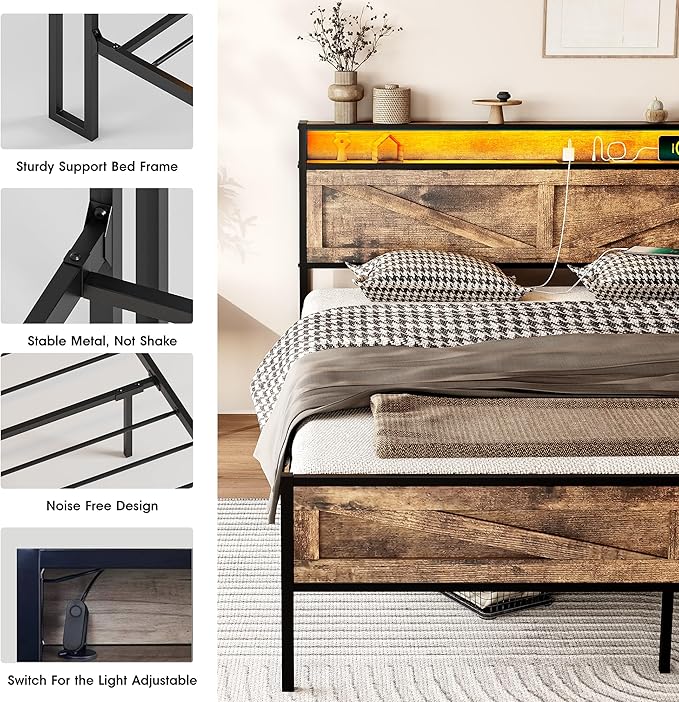 Vabches Queen Size Bed Frame with Headboard and Charging Station, Brown Platform Bed Frame with Led Light, No Box Spring Needed, Noise Free Farmhouse Bedroom Set