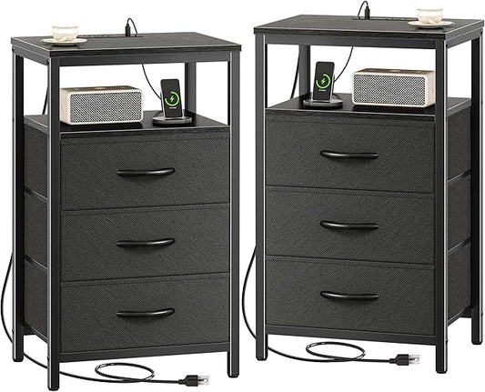 Huuger Nightstands Set of 2, 27.6 Inch End Tables with Charging Station, Bed Side Tables with Fabric Drawers, USB Port and Outlet, Night Stands for Bedroom, Black