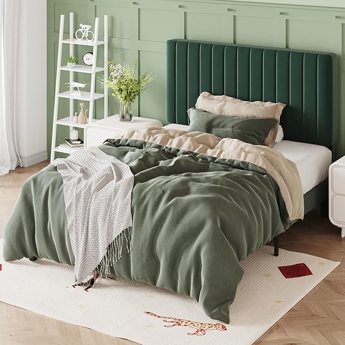 Allewie Twin Bed Frame, Velvet Upholstered Platform Bed with Adjustable Vertical Channel Tufted Headboard, Mattress Foundation with Strong Wooden Slats, Box Spring Optional, Easy Assembly, Green