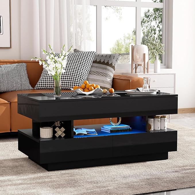 Modern High Gloss LED Coffee Table 39.3-Inch Multi-Functional Lift-Top Center Table with Hidden Storage Space, 2 Drawers for Small Spaces Living Room, Black