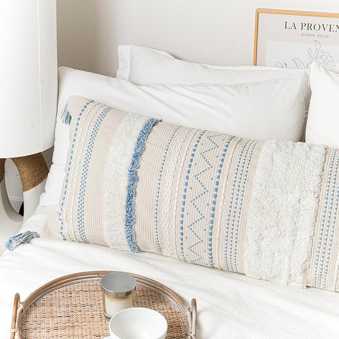 Large Body Pillow Cover for Bed 20x54 Coastal Blue Boho Accent Oversized Long Pillowcase for Bedroom Decorative Cushion Farmhouse Home Décor (Cover ONLY, Pack of 1)