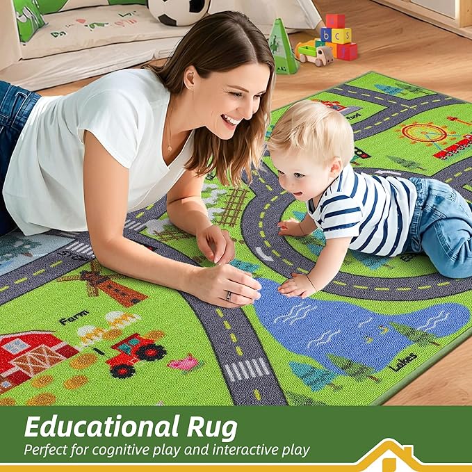 BEQHAUSE Kids Room Rugs City Life, 32”x60” Educational Road Traffic Kids Rug, Non Slip Washable Kid Carpets for Children Room Bedroom Playroom Nursery Room Decor