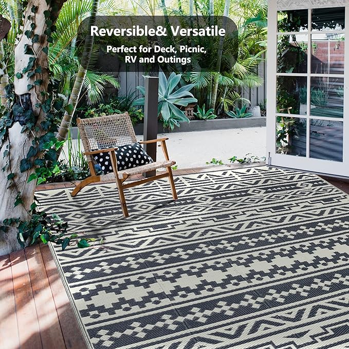 RV Waterproof Mat Outdoor Rugs 9'x12' for Patios Clearance Carpet Camping, Large Plastic Straw (9x12ft Geometric Boho Grey&White)