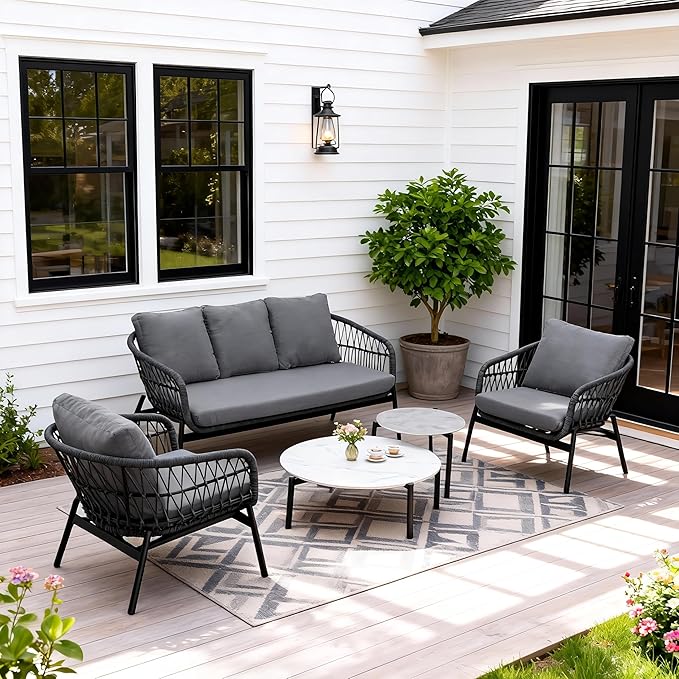 Wisteria Lane Boho Patio Furniture, 5 Piece Outdoor Furniture Set with Rope Woven Design, Rope Sofa Chair with Nesting Coffee Table for Garden, Balcony, Porch, Grey