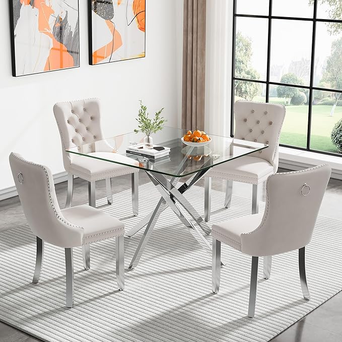 Goujxcy 5 Piece Glass Dining Table Set Modern Small Glass Dining Table Set for 4, 35.43" Square Kitchen Table and 4 Velvet Upholstered Chairs for Kitchen Dining Room, Silver & Beige