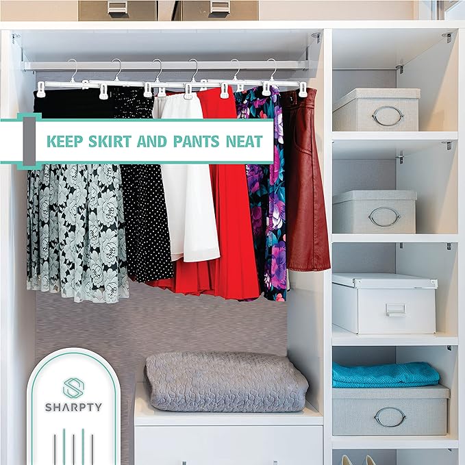 Sharpty Pant & Skirt Hangers - Closet Hangers for Shorts, Shirts, Jeans, Dresses, Slacks, Coats, Clothes, Clothing, Garments & More - Durable, Space Saving & Non-Slip, White - 10 Pack