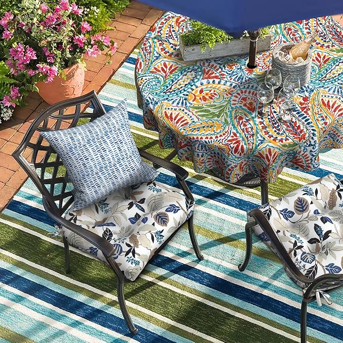 Set of 2 Outdoor Tufted Chair Cushions 19"x19"x4", Water Repellent Patio Seat Cushions with Ties, Replacement Chair Pads for Wicker Dining and Patio Furniture - Breeze Leaves Beige