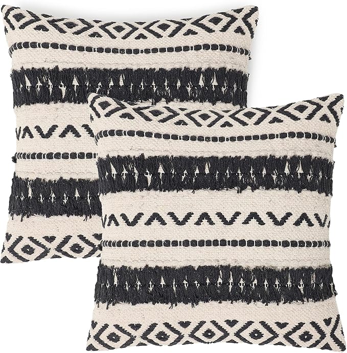 REDEARTH Handmade Boho Throw Pillow Covers - Bohemian Chic Farmhouse Style - Accent Woven Indoor and Outdoor Pillow Cushion Cases for Couch - Bed - Chair - Sofa - Benches – Set of 2-18"x18" - Black