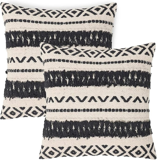 REDEARTH Handmade Boho Throw Pillow Covers - Bohemian Chic Farmhouse Style - Accent Woven Indoor and Outdoor Pillow Cushion Cases for Couch - Bed - Chair - Sofa - Benches – Set of 2-18"x18" - Black