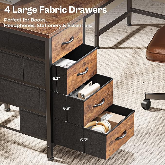 Huuger 63 Inch L Shaped Desk with Fabric Drawers, Computer Office Desk with Power Outlets and USB-C Port, Corner Desk with Storage Shelves, for Gaming Work Study Home Office, Reversible, Rustic Brown