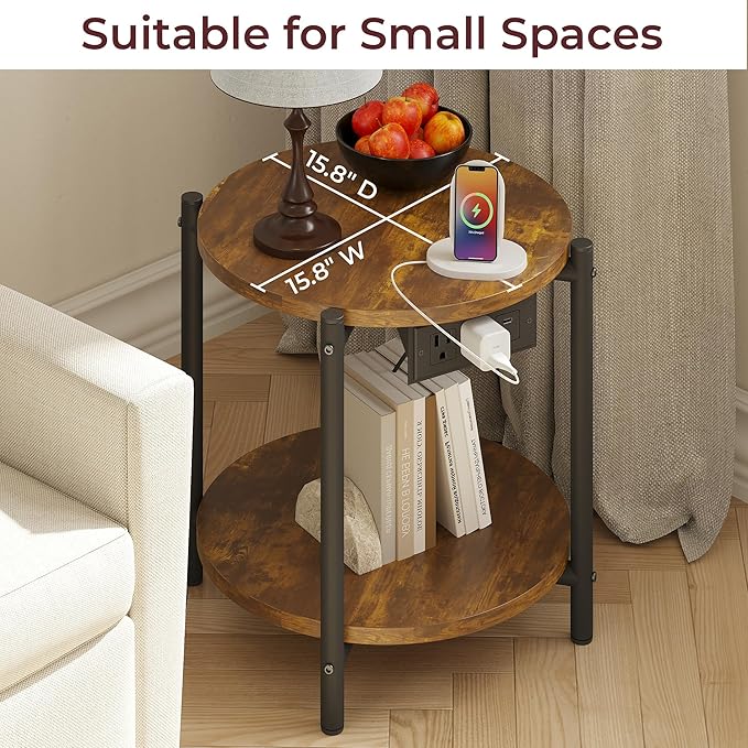 LIKIMIO Small Round End Tables Set of 2 with Charging Station, 2-Tier Wooden Side Tables, 15.8" W Modern Nightstands for Small Spaces, Living Room, Bedroom, Rustic Brown