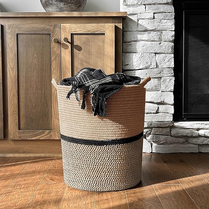 INDRESSME Wicker Laundry Hamper Tall Laundry Basket for Blankets, Clothes, Toys, Woven Storage Baskets for Living Room, Wicker Basket for Gifts, 17.8" x 15.8" x 13.8"
