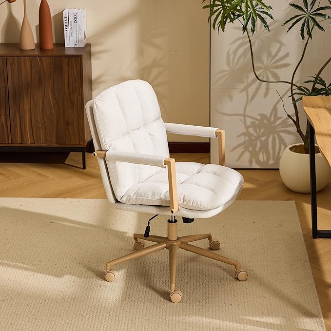 VINGLI Comfy Linen Office Desk Chair with Wheels & Detachable Cushions & Wood-Like Armrests,Swivel Small Computer Task Chair,Adjustable for Girl Makeup Vanity,Teen/Kids Study,Nail Tech,Sewing,White