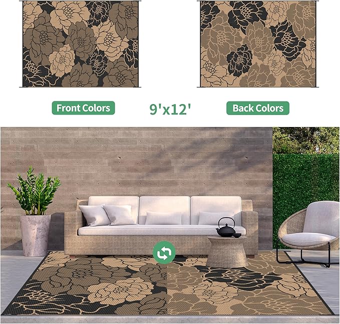 GENIMO Outdoor Rug Waterproof for Patio Decor, 9' x 12' Reversible Plastic Straw Floral Camping Carpet, Large Area Rugs Mats for RV, Camper, Deck, Balcony, Porch, Beach, Picnic, Mix-Black & Brown