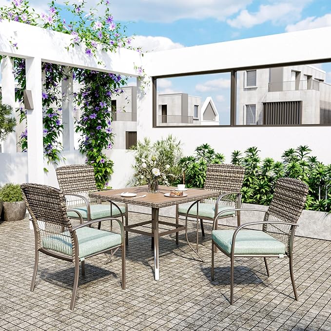 Pamapic 5 Piece Patio Dining Set, Green, Weather Resistant PE Rattan Table and Chairs, Comfortable Cushions, Easy Maintenance