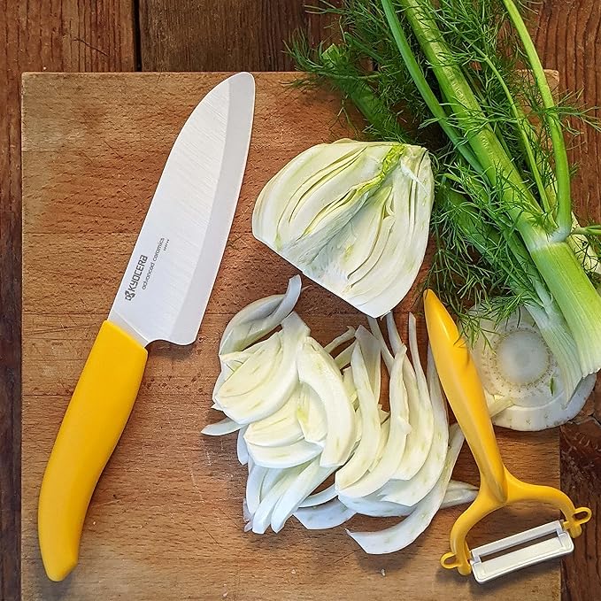 Kyocera’s Revolution Series 5.5” Ceramic Santoku Knife, Chef Knife For Your Cooking Needs, Yellow Handle, White Blade