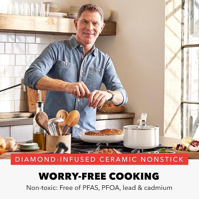 GreenPan x Bobby Flay 10" Nonstick Frying Pan Skillet, PFAS-Free Diamond Ceramic, Induction Suitable, Stay-Cool Silicone Handle, Easy Clean Dishwasher & Oven Safe, Egg & Omelet Pan, Cream