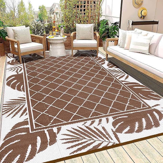 Ileading Outdoor Rug Carpet for Patio 6' x9' Waterproof Reversible Plastic Straw Rug Portable Outside Area Rug Camping Mat for Patio, Clearance, Balcony, Picnic, Pool, Beach, RV, Deck, Leaf Brown