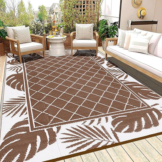 Ileading Outdoor Rug Carpet for Patio 6' x9' Waterproof Reversible Plastic Straw Rug Portable Outside Area Rug Camping Mat for Patio, Clearance, Balcony, Picnic, Pool, Beach, RV, Deck, Leaf Brown