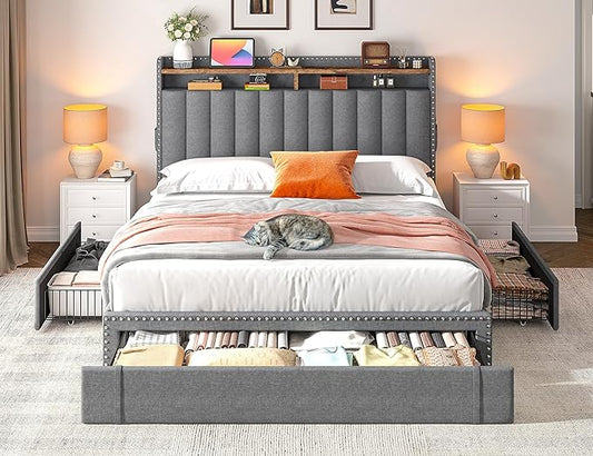 EnHomee Queen Size Bed Frame, Upholstered Queen Bed Frame with 3 Storage Drawers & 2-Tier Headboard Shelves, 1100LBS Heavy Duty, No Box Spring Needed, Easy Assembly, Grey