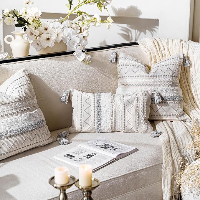 Decorative Lumbar Throw Pillow Cover 12x20 Gray Rectangular Boho Accent Pillowcase Neutral White Farmhouse Cushion for Couch Sofa Bedroom Living Home Décor (Cover ONLY, Pack of 1)