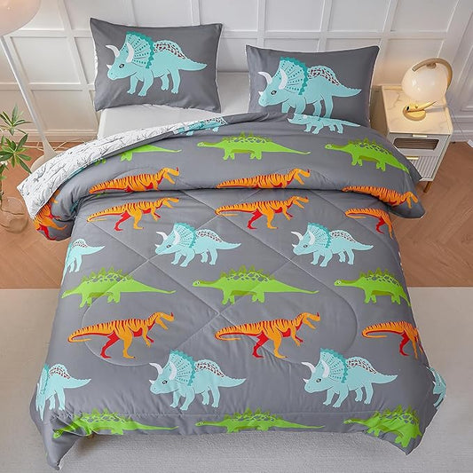 RYNGHIPY Dinosaur Kids Comforter Set Cartoon Dinosaur Bedding Sets for Boys 3 Pieces Queen Microfiber Comforter with Pillowcases Soft Lightweight (Dark Grey,Queen)