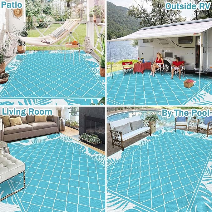Ileading Outdoor Rug Carpet for Patio 9'x12' Waterproof Reversible Plastic Straw Rug Portable Outside Area Rug Camping Mat for Patio, Clearance, Balcony, Picnic, Pool, Beach, RV, Deck, Teal