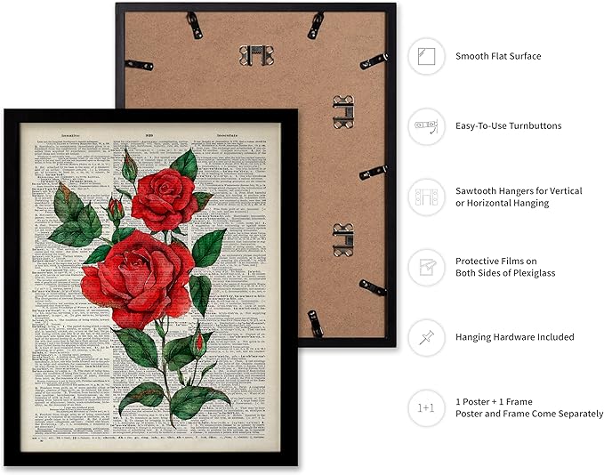 Poster Master Dictionary Art Poster - Red Roses Print - Flower Art - Floral Art - Gift for Men, Women & Florist - Minimal Decor for Living Room, Bedroom, Dorm or Flower Shop, 16x20 Black Framed
