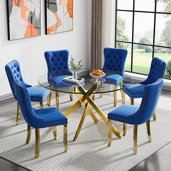 Goujxcy Round Dining Table Set for 6, Modern Glass Kitchen Table and Chairs Set of 6, 7-Piece Dining Room Table Set w/47 Circle Gold Glass Dining Table and 6 Upholstered Velvet Chairs