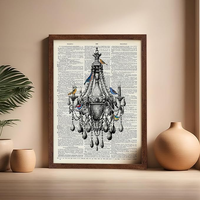 Poster Master Dictionary Art Poster - Antique Chandelier Print - Bird Art - Baroque Art - Gift for Men & Women - Chic Decor for Living Room, Dining Room, Bedroom or Kitchen, 16x20 Brown Framed