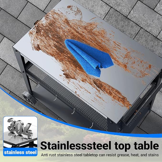 3-Shelf Outdoor Grill Table & Pizza Oven Cart with Wheels, Stainless Steel BBQ Prep Table with Hooks, Mobile Grill Stand for Blackstone/Ooni (Stainless Steel)