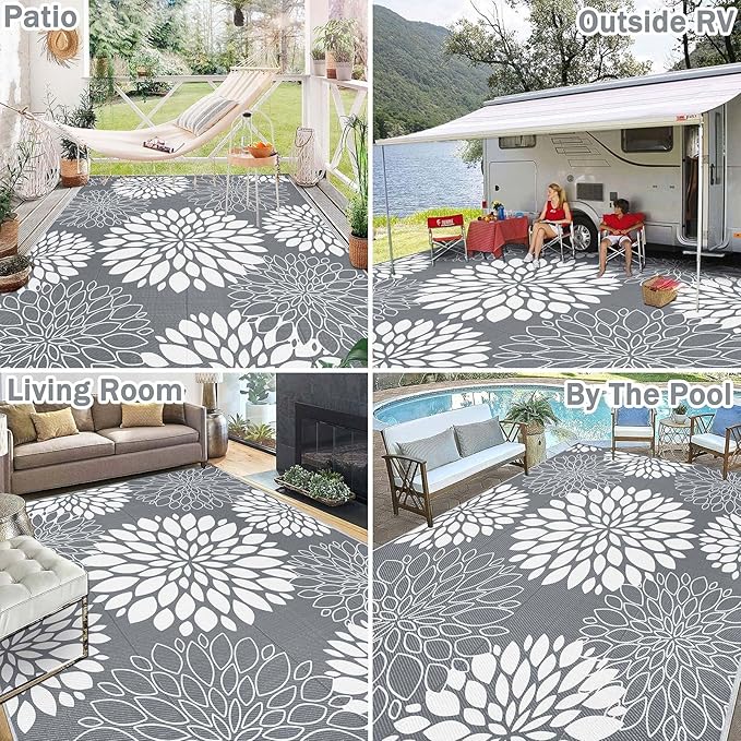 Ileading Reversible Outdoor Rug 8x10Ft Waterproof Patio Rug Carpet Portable Outdoor Plastic Straw Rug Large RV Camping Mat Rug for Patio, Clearance, Deck, Beach, Porch, Camping, Picnic, Grey