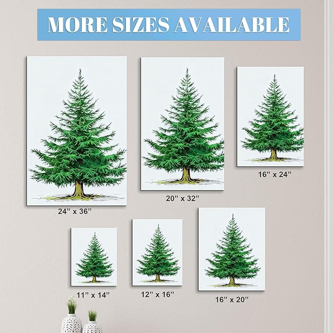 Framed Christmas Pictures Wall Decor,Vintage Pine Tree Prints,Winter Christmas Canvas Wall Art Decoration for Bedroom Bathroom Living Room Rustic Xmas Holiday Gifts (Christmas Tree 6, 12'' X 16'')