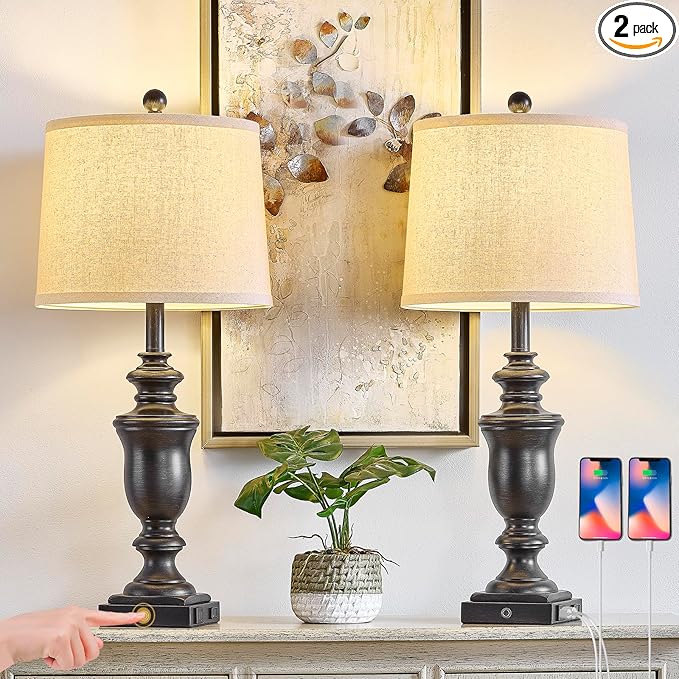 27.5" Set of 2 Farmhouse Table Lamps for Bedroom, 3 Way Dimmable Bedside Lamp with 2 USB +AC Outlet Nightstand Lamps for Living Room Resin Rustic Touch Lamps (Antique Black)