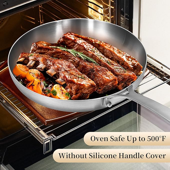 Inqibee 8.5 Inch Tri-Ply Stainless Steel Frying Pan with Lid,Skillet,Induction Cooking Pan,Dishwasher Safe and Detachable Handle