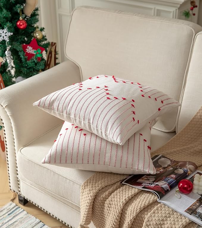 Caflife Boho Christmas Throw Pillow Covers 20x20 Set of 2, Holiday Christmas Decorative Pillow Covers Beige with Red Line for Modern Farmhouse Couch Sofa Bedroom Living Room Outdoor