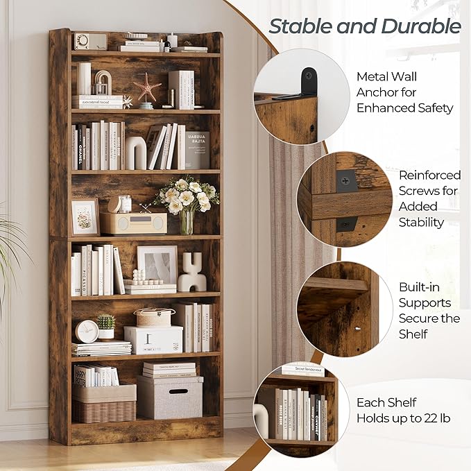 Yaheetech 7-Tier Open Bookcase and Bookshelf, Modern Simple Floor Standing Display Storage Shelves with Top Open Compartment for Home Office, Living Room, Bed Room - Rustic Brown