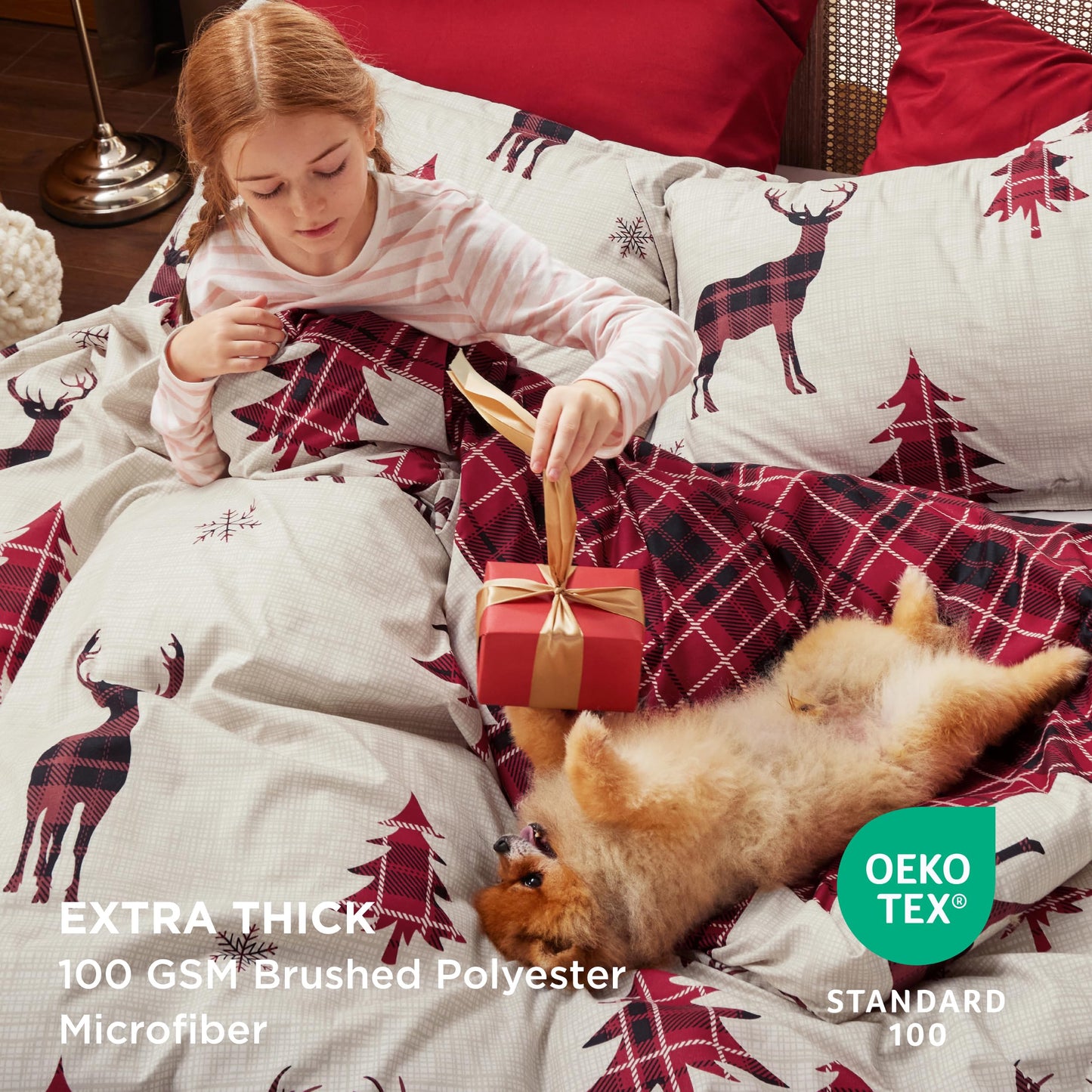 Bedsure Twin Size Christmas Duvet Cover Set - Festive Kids Bedding Set with a Reversible Buffalo Check Christmas Plaid Design, Includes 1 Duvet Cover and 1 Pillow Sham (Twin, Reindeer)